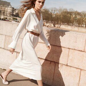 NWT ZARA BELTED SATIN EFFECT DRESS MIDI ECRU 2298/053